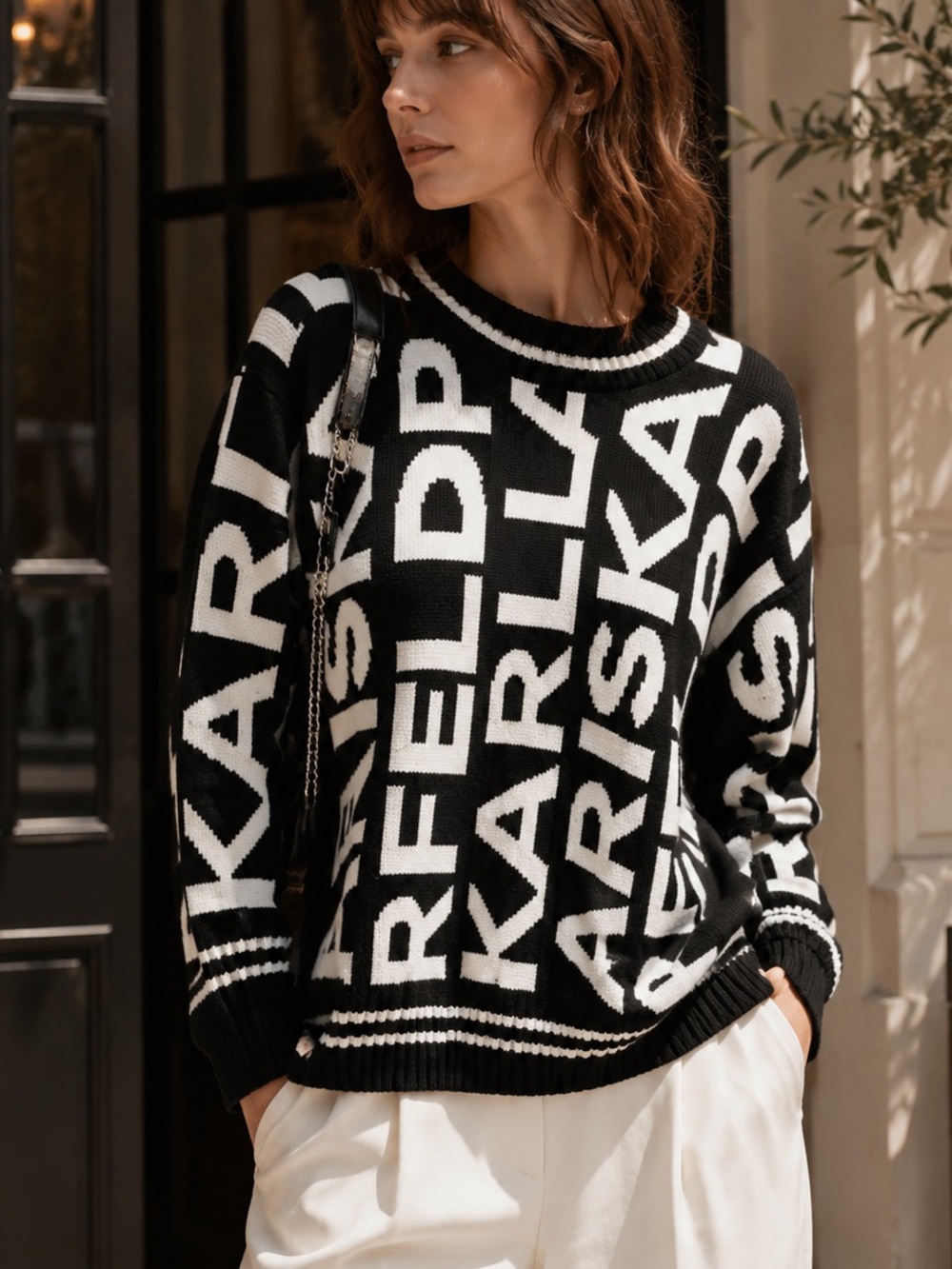 Karl‎ Lagerfeld Paris Womens Logo Knit Crewneck Sweater Black White Size M